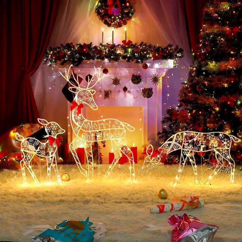 Decoração de Natal para Jardim Luzes LED Renas Natalinas (Kit com 3 Peças)